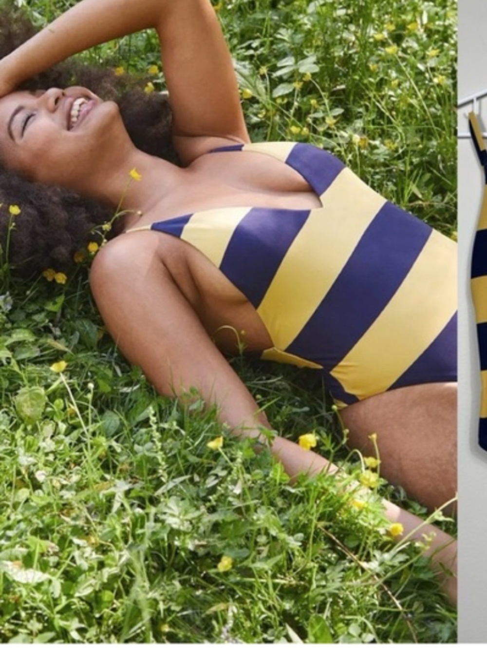 Aerie Medium M one piece striped swimsuit yellow navy 